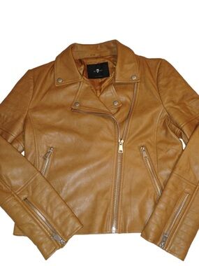 7 For All Mankind Camel Brown Vegan Leather Moto Jacket size xs